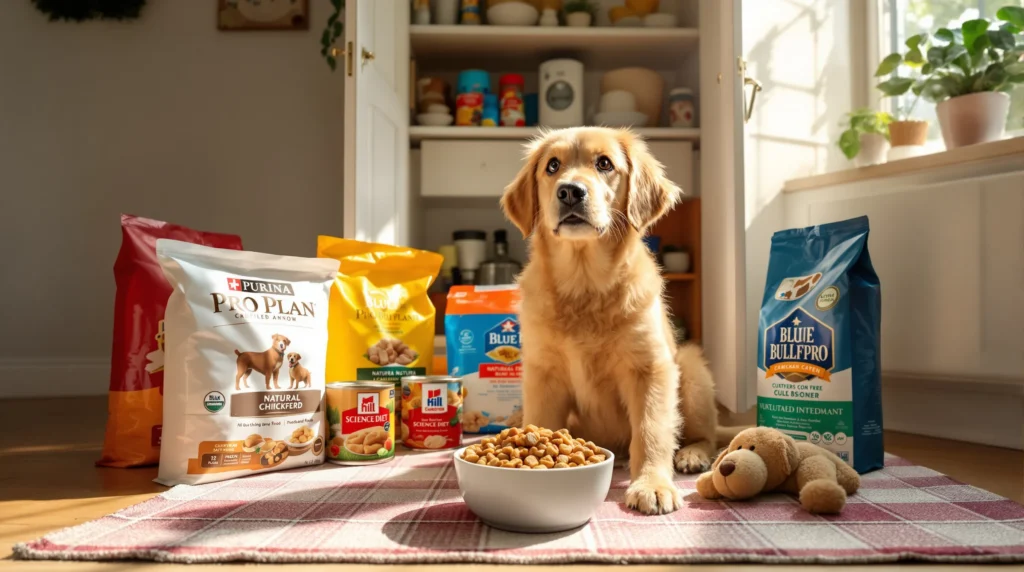 What Should Dogs Eat? A Simple Guide to Dog Nutrition a golden retriever puppy in a kitchen surrounded by popular dog food brands