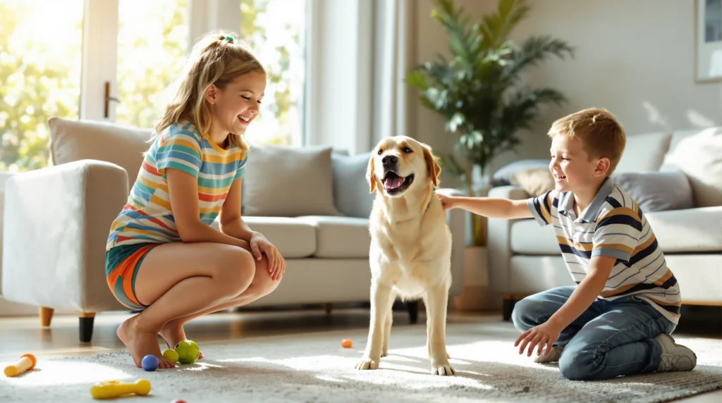 First-Time Dog Owner Guide: Things to Know Before Bringing a Dog Home a happy family with a labrador retriever playing in a sunny living room