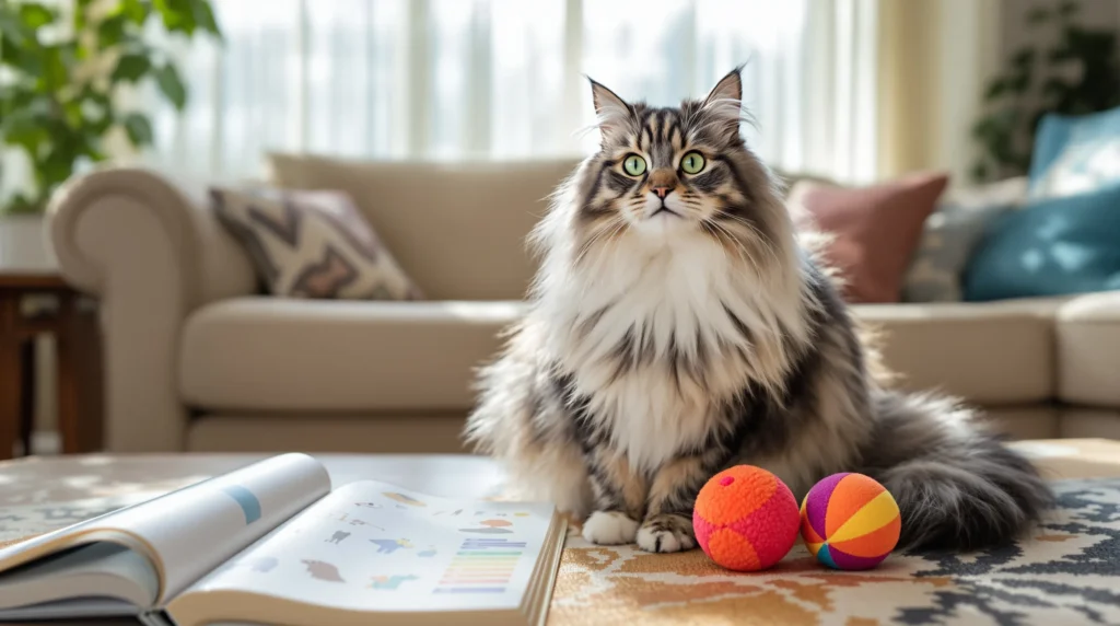 a siberian cat in a sunny living room with veterinary information nearby
