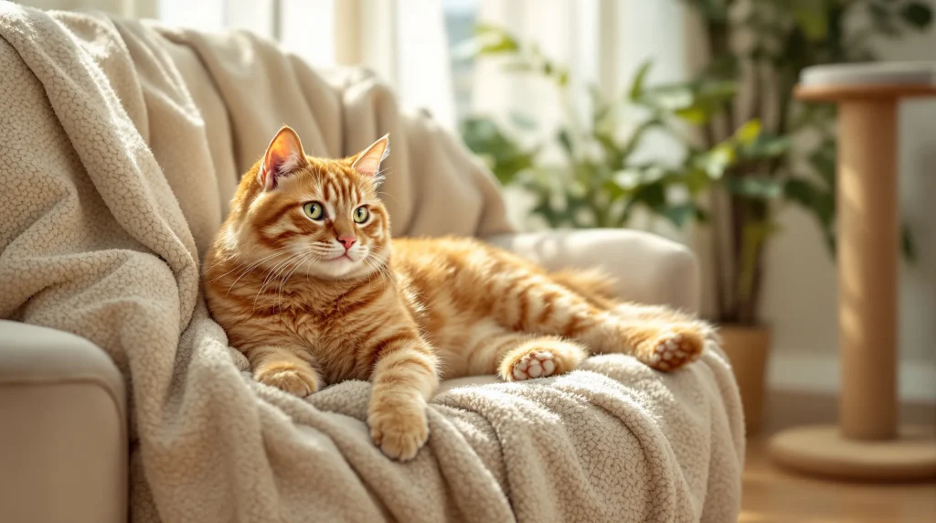 an elderly orange tabby cat lounging in a sunlit living room