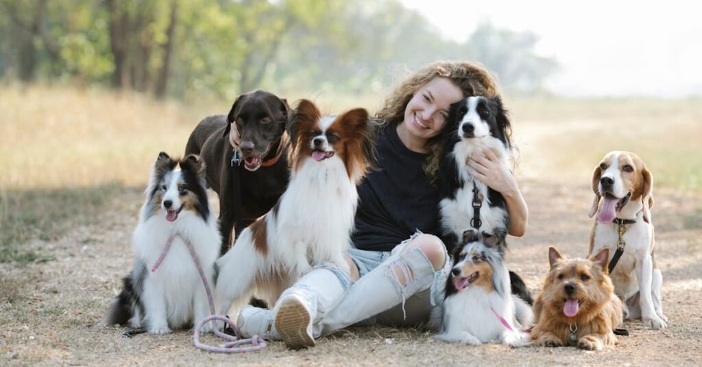 a cheerful woman sitting with various dog breeds in a sunny park showcasing companionship