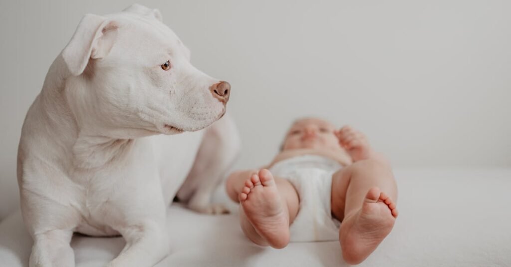 a peaceful scene featuring a baby lying beside a white dog capturing a tender moment of companionsh