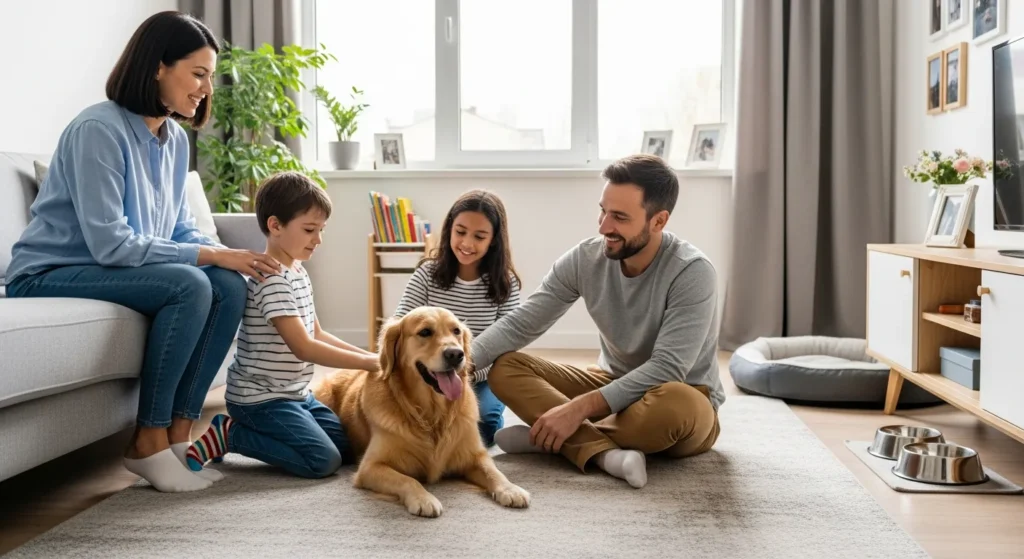 american family relaxing in a sunlit living room with a gentle golden retriever