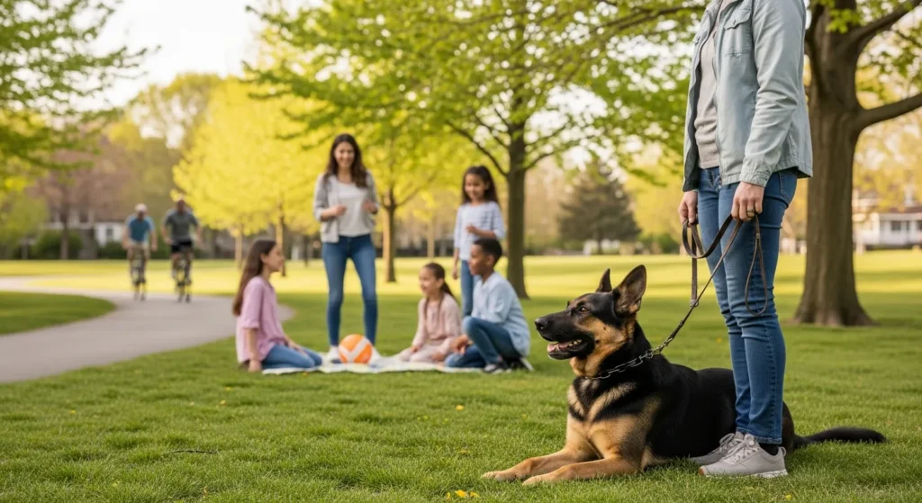 calm german shepherd with owner in a sunny park while a family plays nearby
