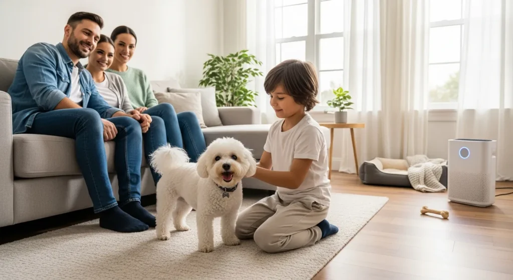 family with a small hypoallergenic dog playing in a bright clean living room