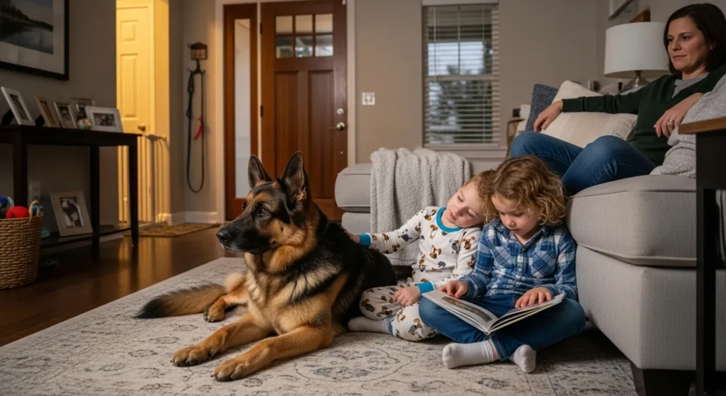 german shepherd relaxing with children in a cozy living room calmly guarding the home