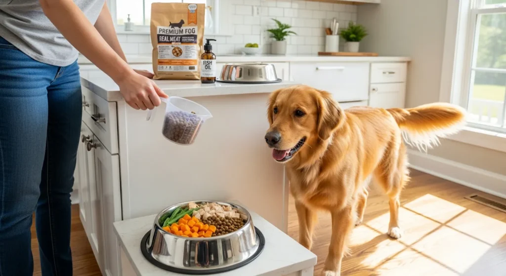 golden retriever eating a measured bowl of healthy kibble and fresh food