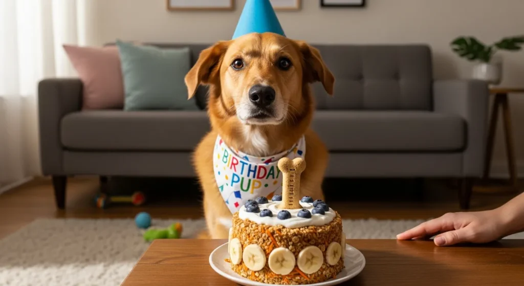 happy dog in party hat eyeing a small dog safe birthday cake