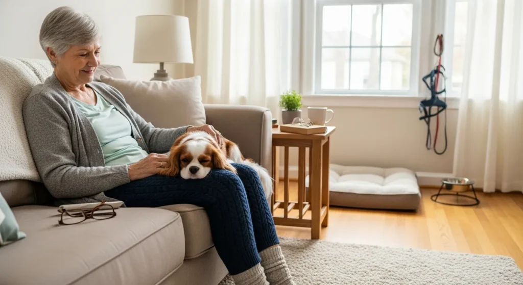 older woman relaxing on a couch with a small calm dog by her side