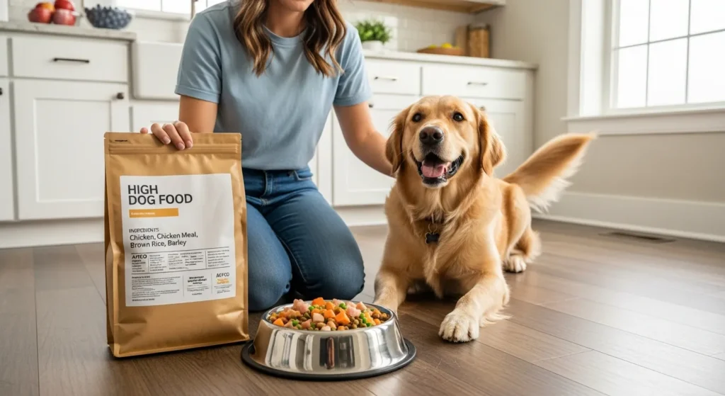 owner reading a dog food label beside a healthy golden retriever and full bowl