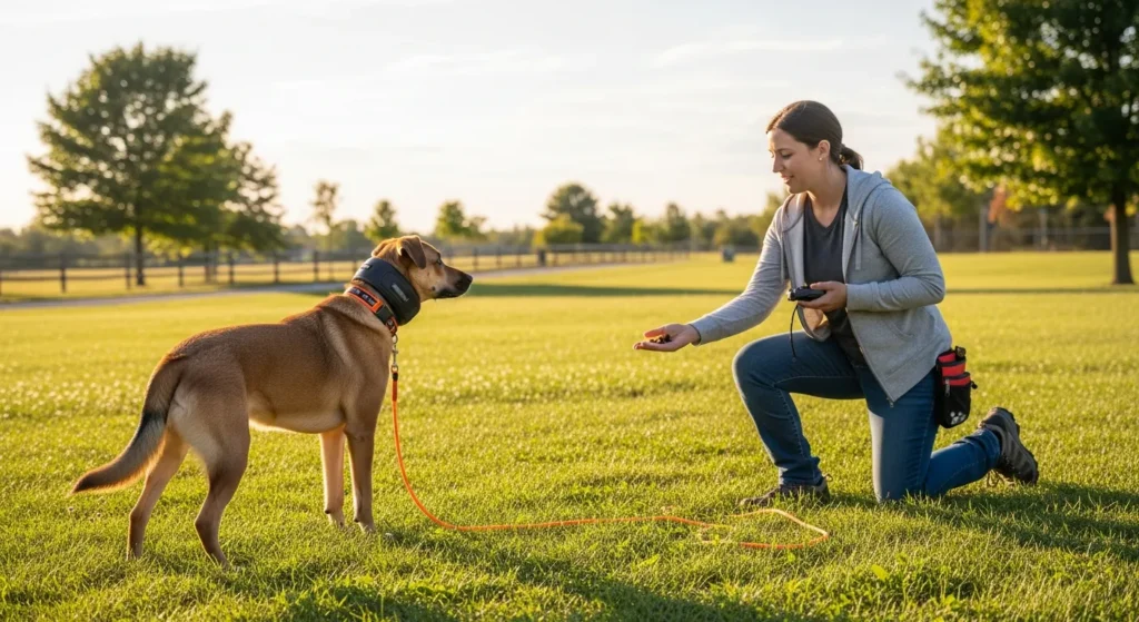 owner rewarding a dog wearing an e collar and long line in a sunny field