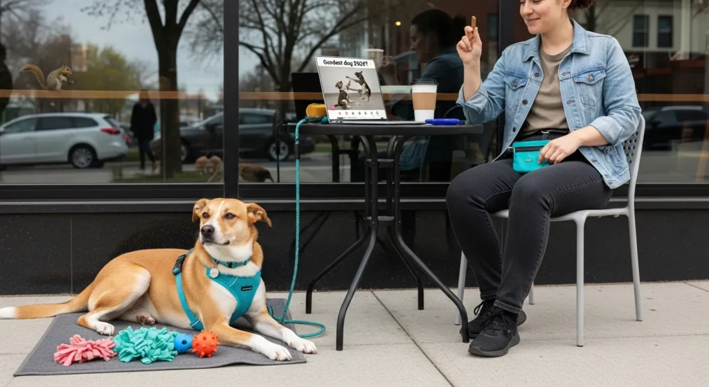 owner rewards calm dog on cafe patio contrasting real life training with viral perfection
