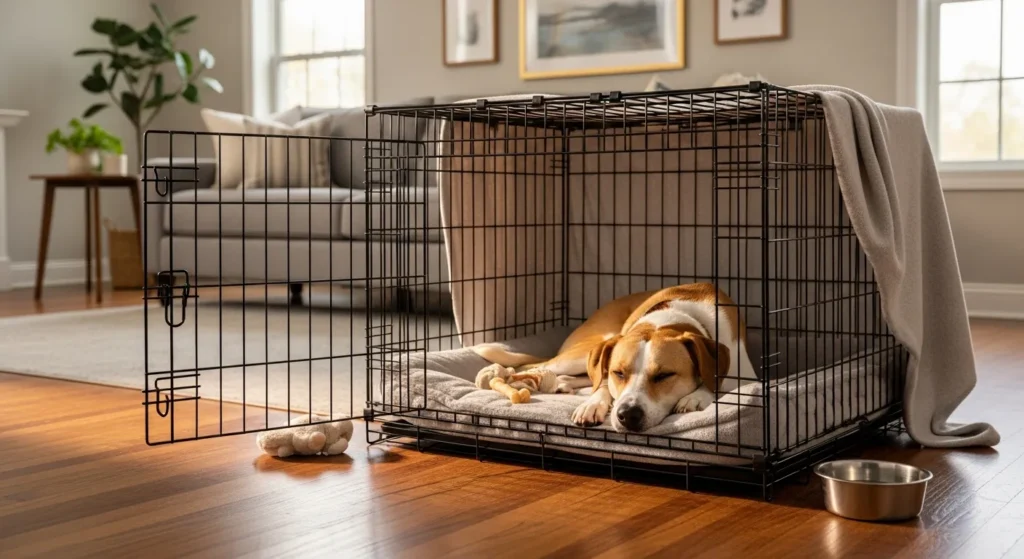 relaxed dog resting in an open cozy crate in a bright living room