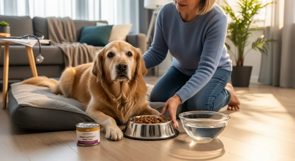 senior dog on bed with kidney friendly food bowl and caring owner nearby