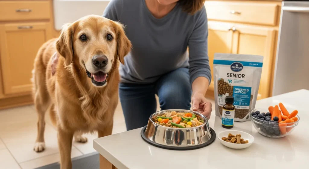 senior golden retriever eating a healthy vet guided meal in a cozy kitchen