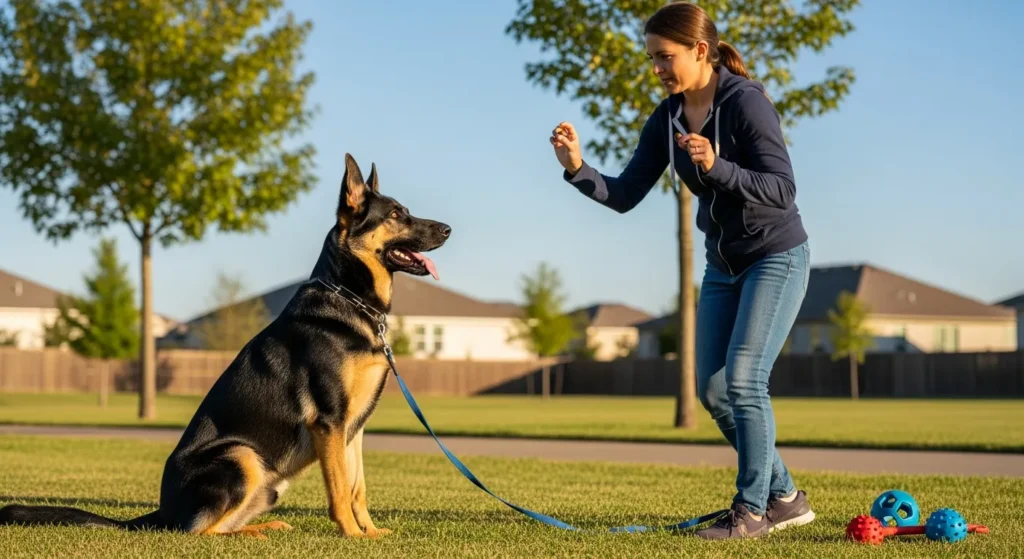 woman training a german shepherd to sit in a sunny suburban park