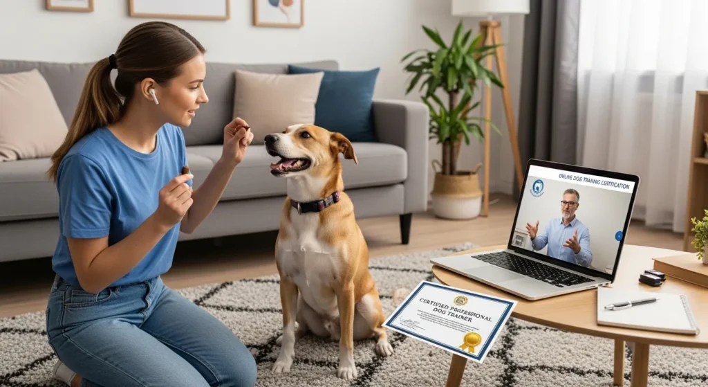 woman training her dog at home while following an online certified trainer session