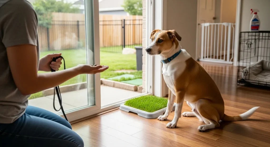 young dog by back door getting ready for a potty training break
