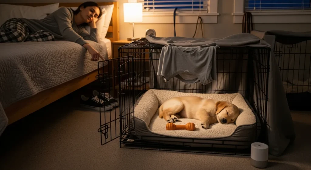young puppy sleeping quietly in bedside crate while owner reassures it at night