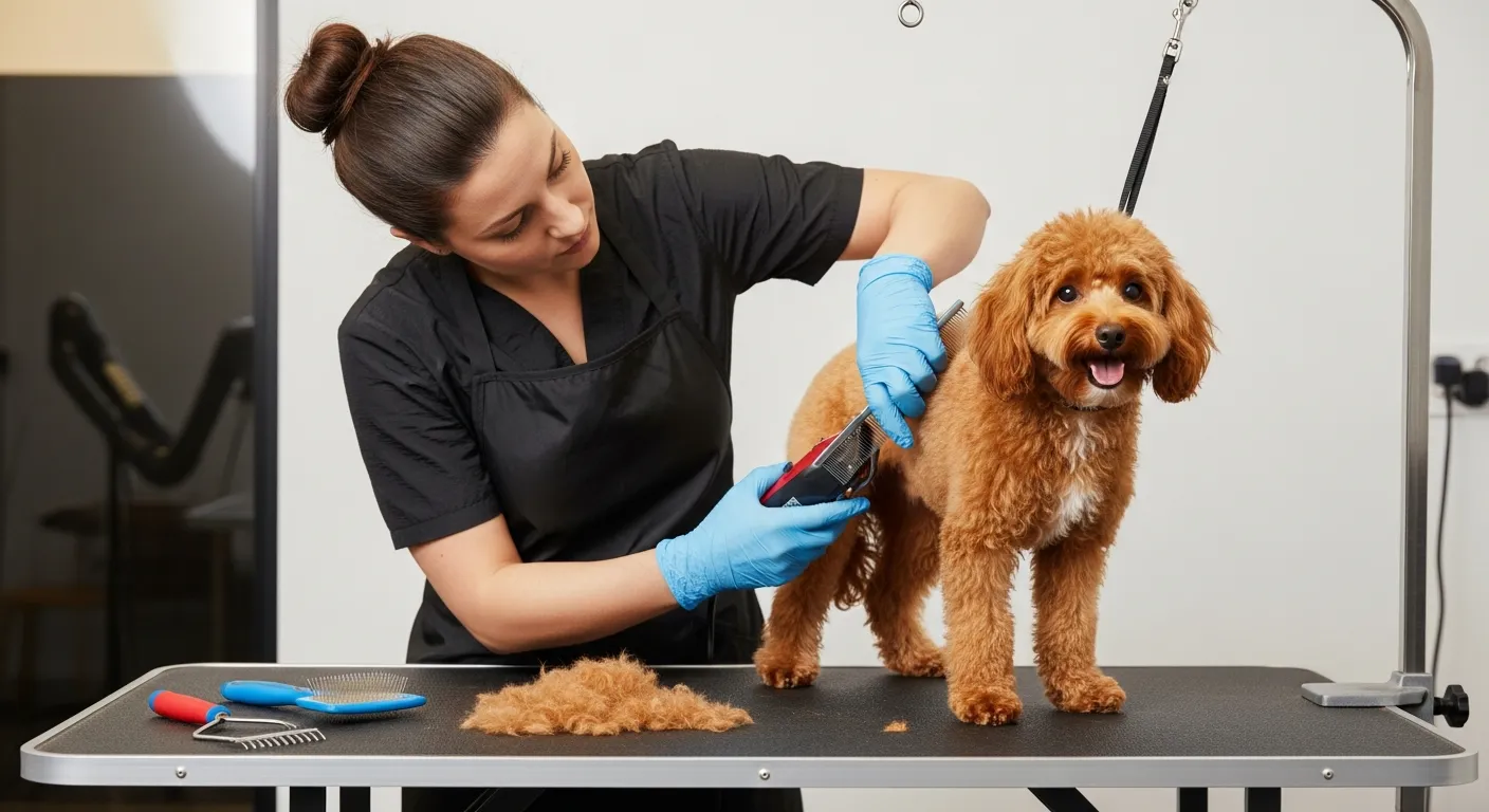 Groomer trims a curly-coated dog on a table in a salon.